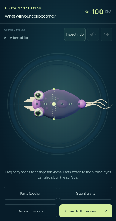 Primordial organism editor on a phone viewport