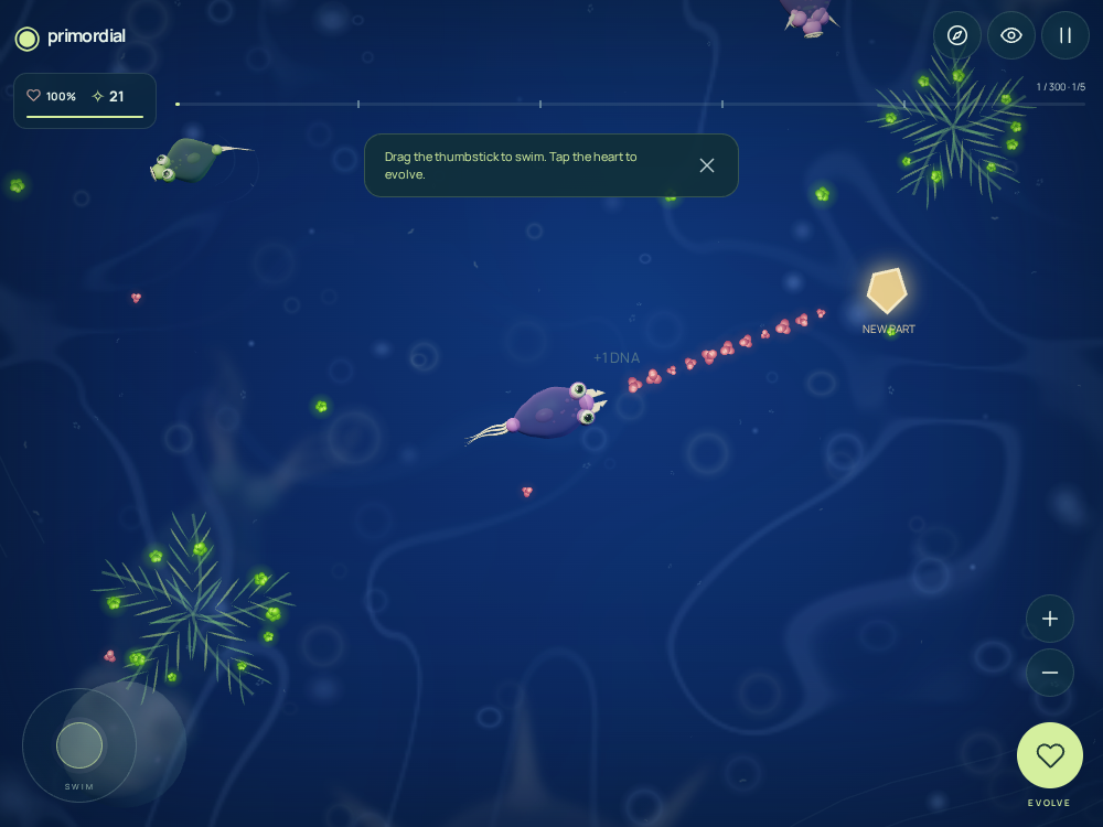 A microscopic creature swims among food, rival cells and plant-like colonies