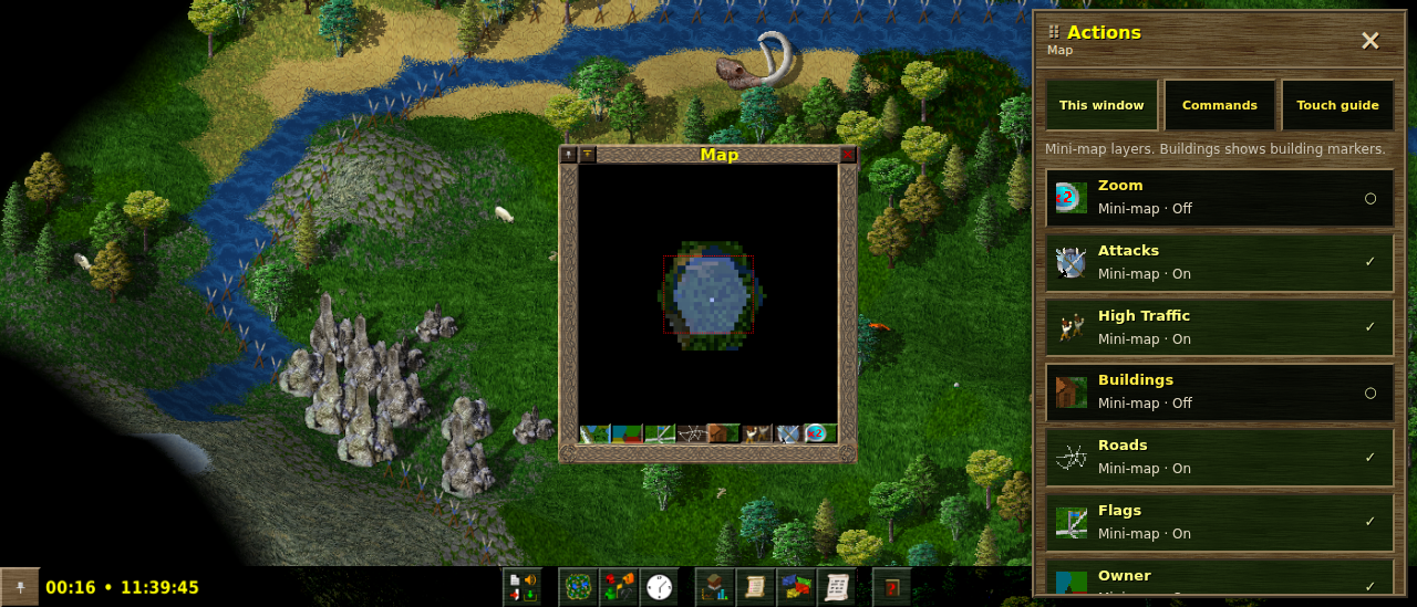 Widelands running with an English touch Actions panel beside the original minimap